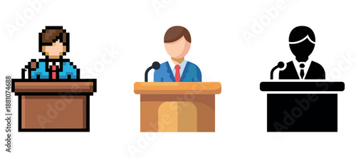 Pixelated, flat, and silhouette styles of speaker at podium