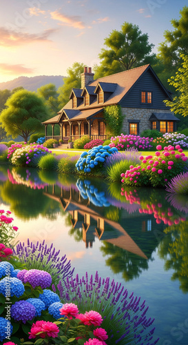 house on the river with flower garden