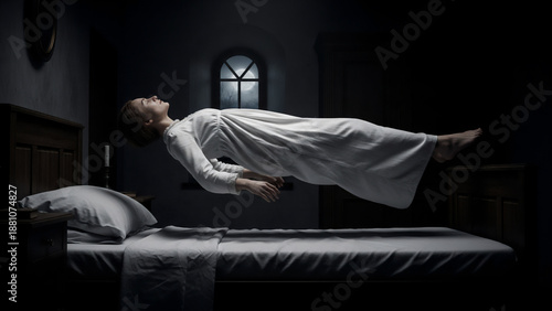 sleeping woman levitating above her bed in dark victorian bedroom with window view to night landscape outside gothic horror