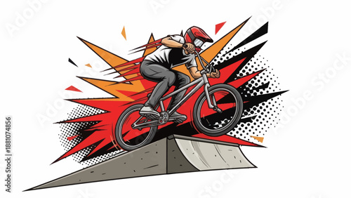 Bmx rider performing stunt on ramp isolated illustration graphic design