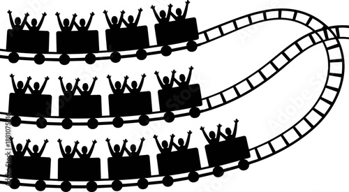 Roller Coaster Silhouette with Happy People Cheering on Thrill Ride for Amusement Park Theme Park Carnival Funfair Summer Vacation and Family Adventure Entertainment Vector Design (25 words)