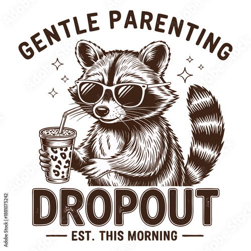 A vintage-style illustration of a raccoon wearing
sunglasses and holding a leopard-print iced coffee with a straw
