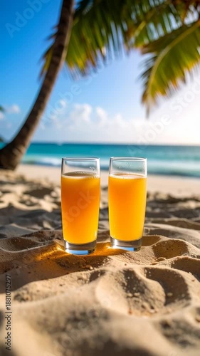 Two glasses of orange juice stand on a sandy beach under palm trees facing the turquoise ocean under bright sunny skies.