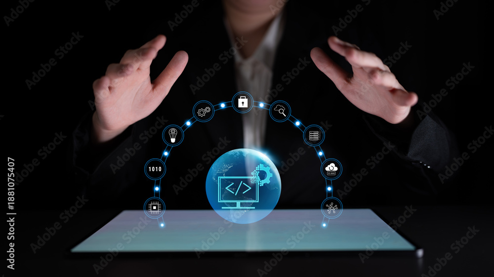 Naklejka premium Global software development and coding solutions. Empowering businesses with custom application development and technology innovation. Motif