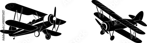 PrintVintage Biplane Silhouette Set Featuring Two Detailed Antique Propeller Aircraft Illustrations Isolated on a White Background for Aviation Logo Design and Retro Flight Projects