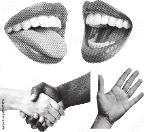 Mouths, handshake, open hand, halftone dot effect, diversity