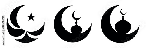 Islamic crescent moon mosque icons set in black minimal ramadan design