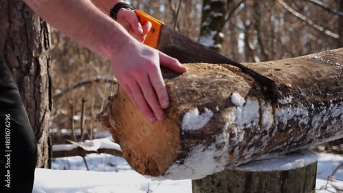 Wallpaper Mural Male arm sawing a log in sunny winter forest. Strong guy working with a saw in snowy woodland. Concept of strength, masculine, energy, and harmony with nature during cold season. Slow motion Torontodigital.ca