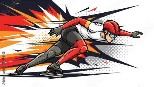 Dynamic illustration of a speed skater in motion with explosive graphics