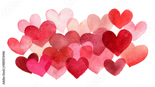 Watercolor hearts background in shades of red and pink creating a lovely artistic valentine themed backdrop representing love romance and affection