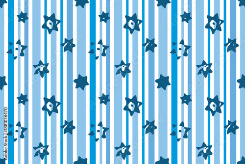 Star ink stamp, stripe seamless pattern. Star grunge textured silhouette, backdrop in blue tones colour palette vertical line. White background. Vector illustration