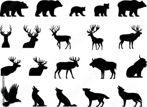Wild Forest Animals Silhouette Set Featuring Bears Deer Elk Wolf and Eagle Icons for Rustic Lodge Decor Nature Logo Design and Vinyl Cutting Projects