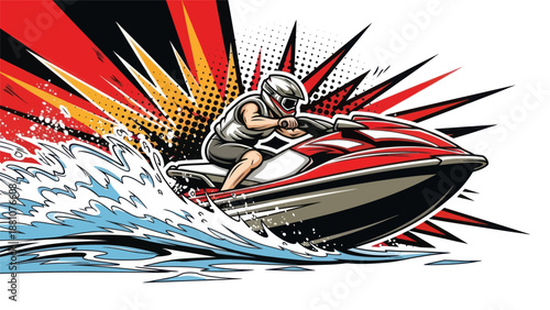 Jet skiing illustration rider on a red watercraft with speed lines