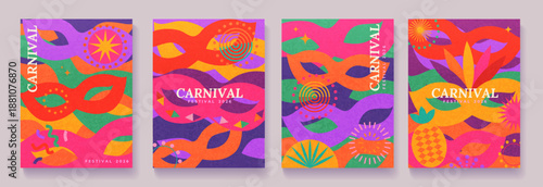 Set of bright flyers with colorful festive masks. Template for Mardi Gras Poster, Banner. Carnival mask for masquerade party. Masque for holiday. Abstract background for invitation, greetings. Vector