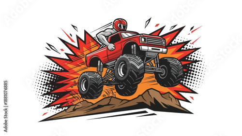 Monster truck jumping over terrain with explosive burst vector illustration