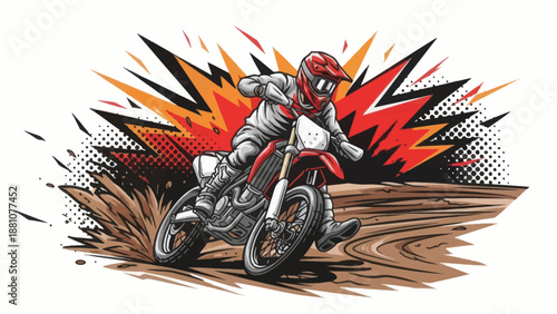 Motocross rider on motorcycle with explosive background vector illustration