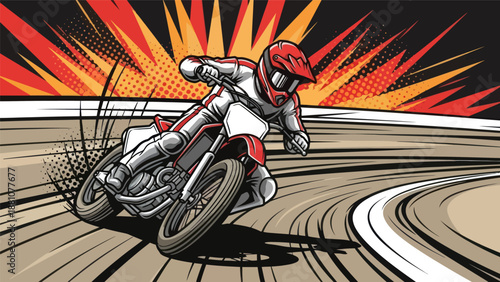Motocross rider on track performing stunt against abstract graphic background
