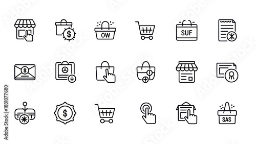 Set of e commerce icons representing online shopping and financial transactions
