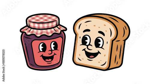 Happy jam jar and toast characters sharing a moment of joy