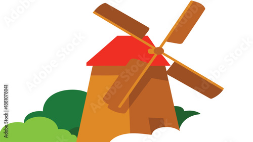 Charming illustration of a traditional windmill against a bright sky with green hills