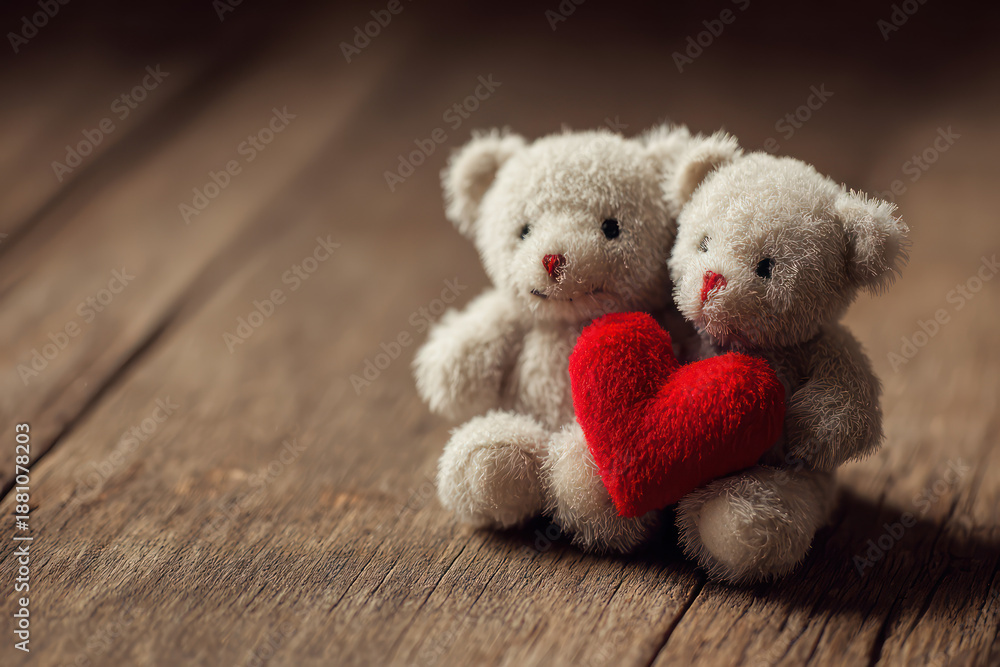Obraz premium Cuddly Teddy Bears Holding Red Heart on Wooden Floor