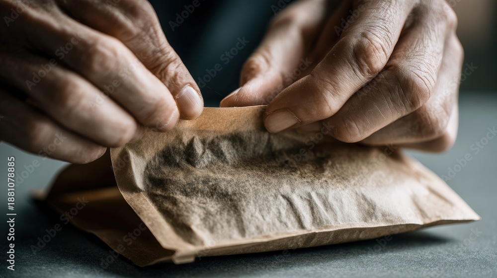 Obraz premium Close-up of Hands Sealing a Tea Pouch with Natural Texture