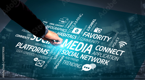 Canvas Print A professional hand gestures towards various social media terms representing digital interaction and connectivity in a modern urban environment