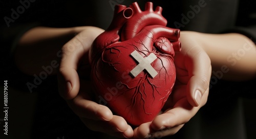 Hands holding anatomical heart model with a bandage representing healing and care