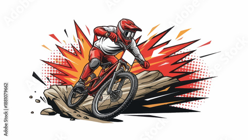 Mountain biker riding over rocky terrain with explosive graphic vector illustration