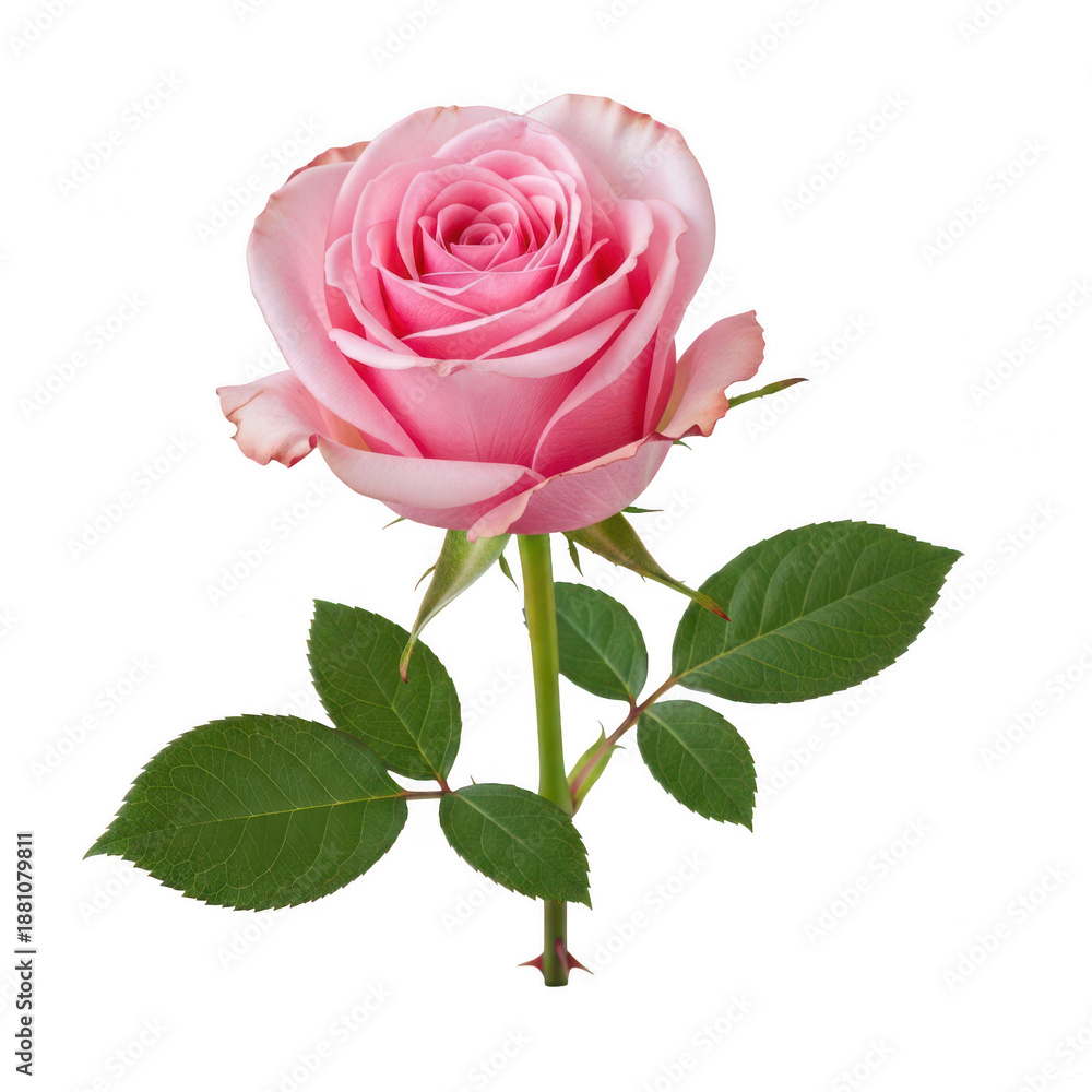 Naklejka premium Delicate pink rose with green leaves isolated on transparent background