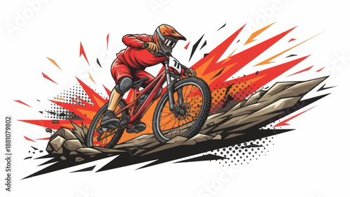 Mountain biker riding downhill vector illustration isolated on white