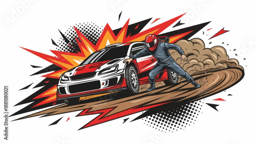 Racing car drifting on dirt track with explosive graphic illustration