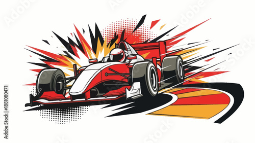 Racing car illustration driving on track with bursting background vector