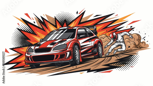 Racing car illustration with driver and explosive effects on white background
