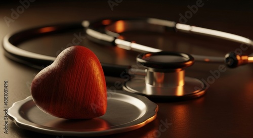 Red wooden heart and stethoscope symbolizing cardiology on a dark table