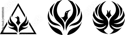 Geometric phoenix symbol, mythological bird icon, monochrome triangle design. Stylish black white logo, simple sign of strength, power. Creative geometric phoenix symbol.