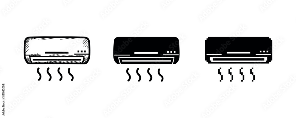 Fototapeta premium Sketch, silhouette, pixel art: three air conditioner icon styles