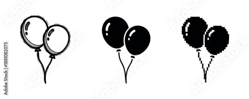 Three balloon styles: sketch, solid, pixel art on white background