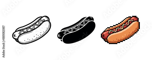 Trio of hot dog illustrations: line art, silhouette, pixel style on white background