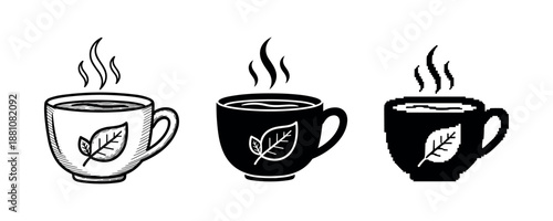 Monochrome leaf-decorated coffee cups with steam in trio