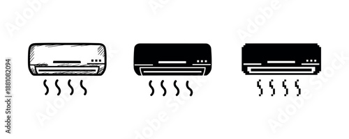 Sketch, silhouette, pixel art: three air conditioner icon styles