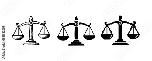 Set of three different justice balance scales icon designs on white background