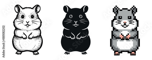 Illustrated hamsters: sketch, silhouette, and pixel art styles