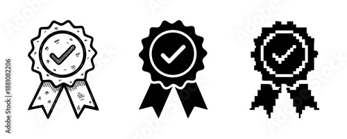 Set of three award ribbons with check marks in different art styles