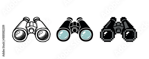 Vintage, modern, and pixel binoculars icons in various styles