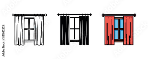 Three window designs with open curtains in white, black, and red