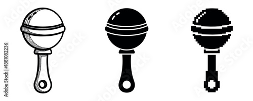Set of three stylized rattle icons in different artistic styles