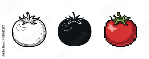 Trio of tomato designs: sketch, silhouette, and pixel art variations