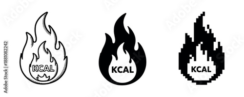 Set of three stylized calorie flame icons in various artistic designs