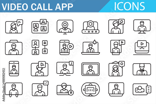 Video Conference Line Icons Collection for Mobile and Desktop App Interfaces